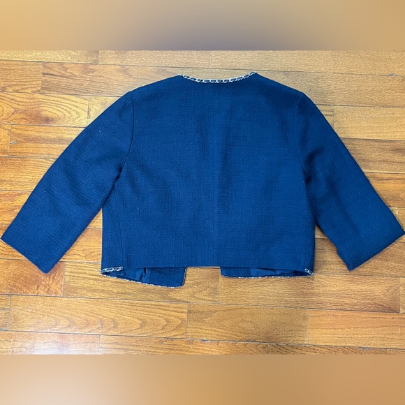 Karl Lagerfeld Paris Navy Tweed Chain Trim Jacket Womens L Great Preowned Condit - Picture 3 of 8